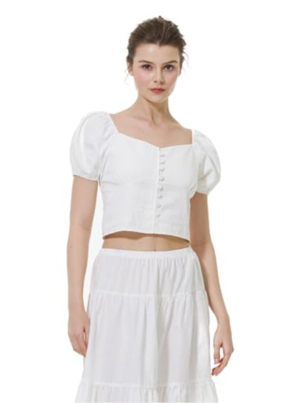 Renaissance Puff Sleeve Cotton Crop Top Women Short Sleeve Button Blouse